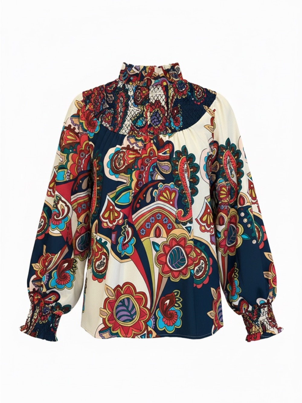 CROSBY by Mollie Burch Multicolor Paisley Smocked Neck Blouse